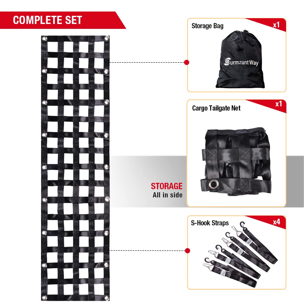 SurmountWay Heavy Duty Tailgate Cargo Net for Truck Bed, Durable&Rugged Tailgate Net, Extendable&Adjustable Truck Bed Cargo Net, Suitable for Truck, Trailer, Pickup, Jeep, SUV, Boat and So on(84"x20")