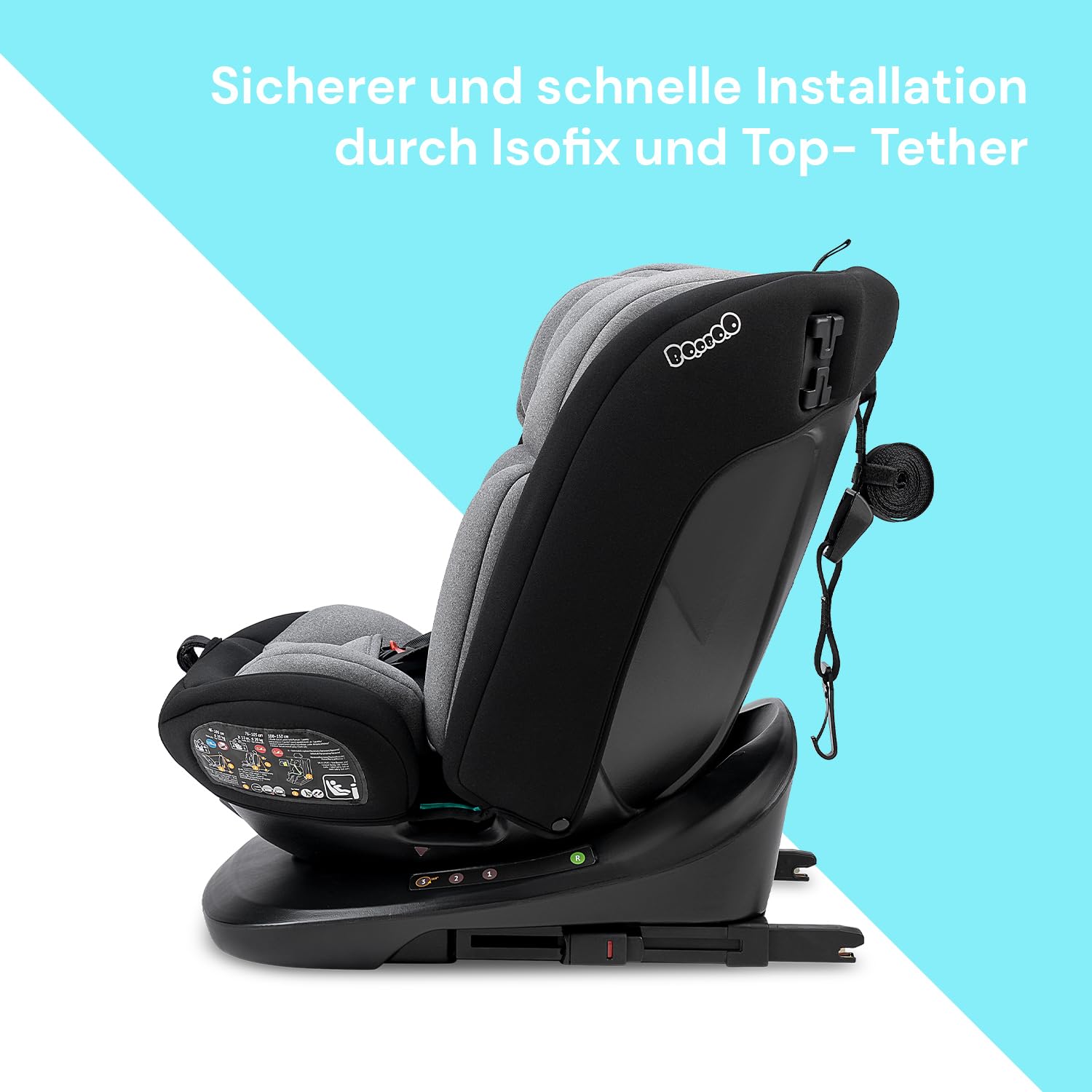 Booboo Safety Lissabon – Der flexible 360° drehbare Kindersitz (40-150 cm), sicher & mitwachsend, Reboard bis 4 Jahre, Isofix & Top-Tether, extra Komfort – Black Grey