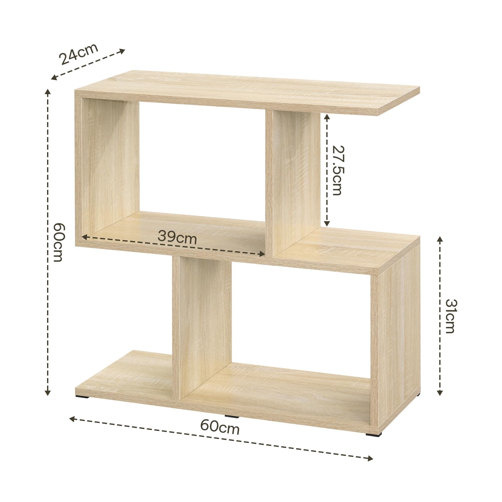 eSituro Mesa Auxiliar de Sofá, Mesita en Forma S, Mesa de Centro con 4 Estantes Abiertos, Mesita Auxiliar para Salón, Estudio, Dormitorio, Ahorro de Espacio, Roble Claro