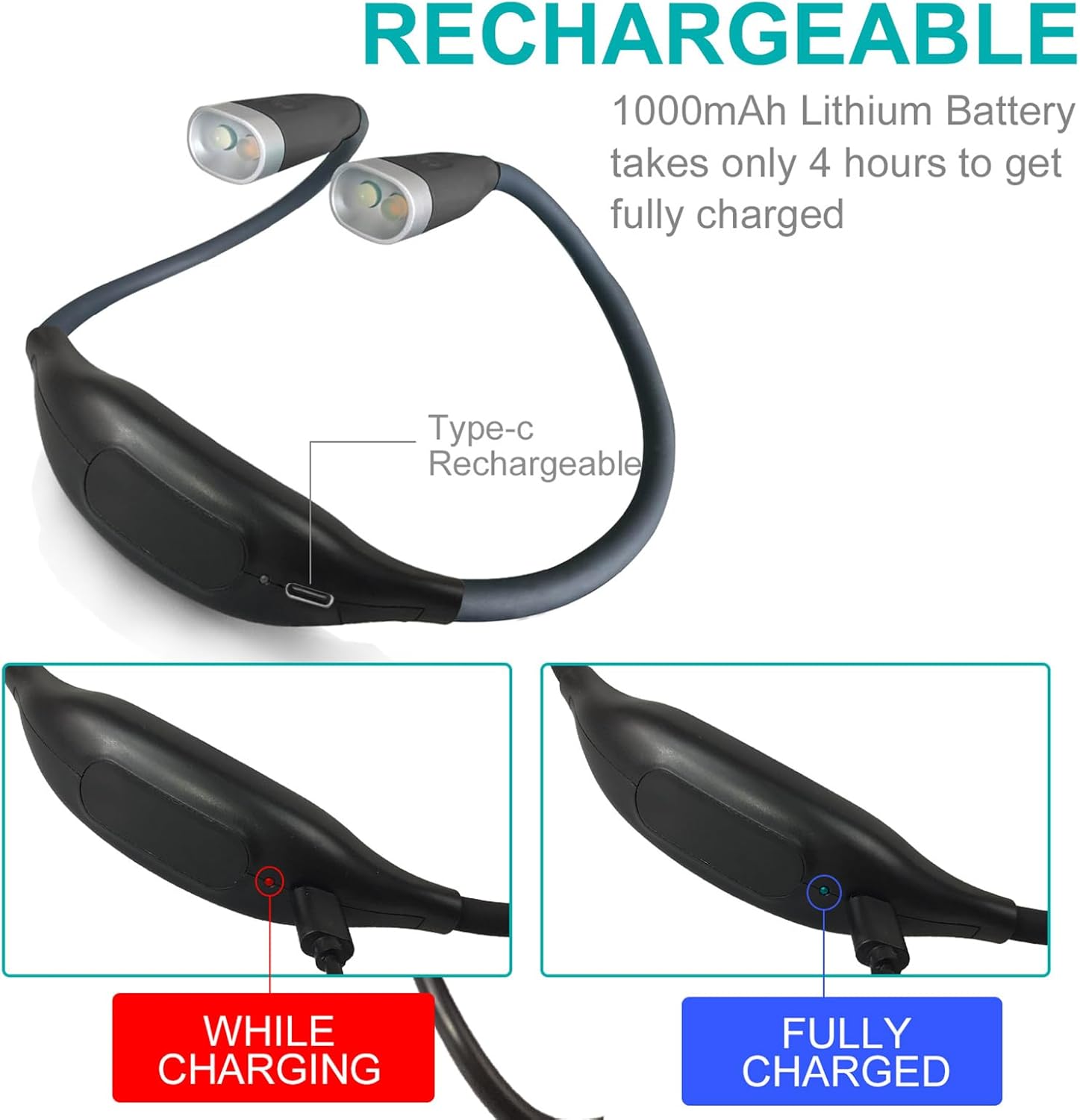 LED Neck Light 360Degrees Adjustable Arms Fast Charging Portable Book Light Suitable for Night Running Camping Rechargeable USB Neck Lamp