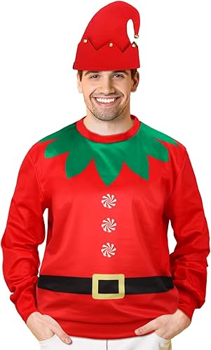 Hoosige Christmas Elf Costume Set Including Christmas Sweater and Elf Hat Xmas Elf Outfit for Christmas Party for Adults