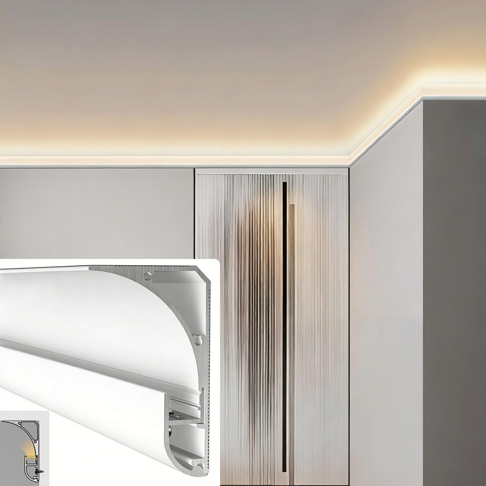 Profil aluminiowy do taśm LED, Aluminiowy kanał oświetleniowy LED z koroną z mleczną osłoną do wykończenia sufitu i listwy przypodłogowej w wielu długościach(6.5m/21.3 ft)