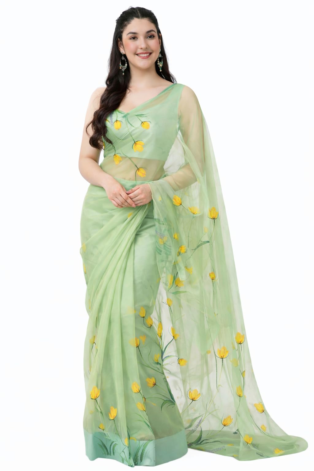 Jogal Women's Floral Designer Hand Brush Painted Zari Organza Saree with Unstitched Blouse Piece