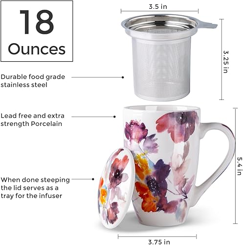 Miniatura 2 de AmorArc Taza de té de porcelana con infusor y tapas, colador de taza de 18 onzas con soporte para bolsa para hojas sueltas, taza de café para