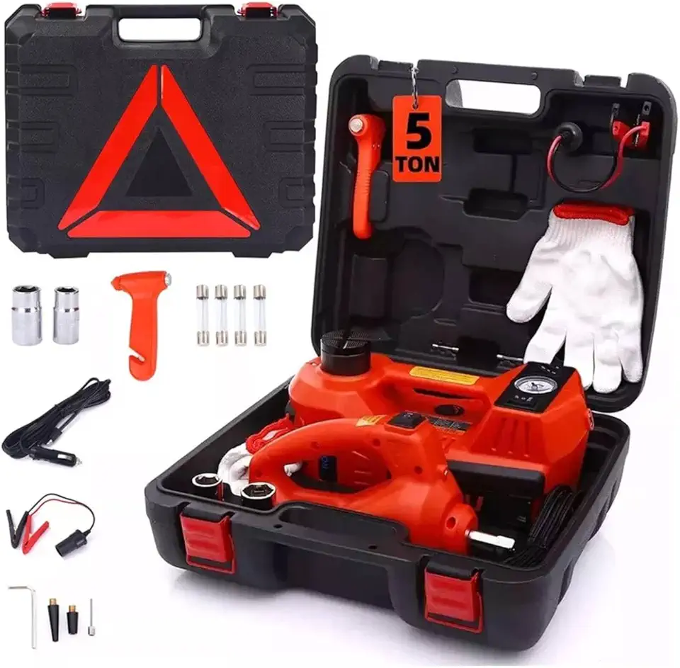 Kit de Macaco Eletrico para Carro 12v, 5 Toneladas Macaco Hidráulico com Chave de Impacto e Inflador de Pneus, Ideal para Carros Esportivos, Sedãs e EVs Inflação Rápida e Segura
