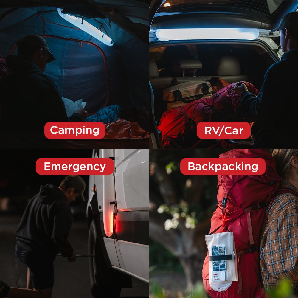 Luminaid Cargador de teléfono de haz solar de 200 lúmenes, color blanco frío o rojo, 5 ajustes de luz, incluyendo intermitente, 50 horas de tiempo máximo de funcionamiento, recargable a través de