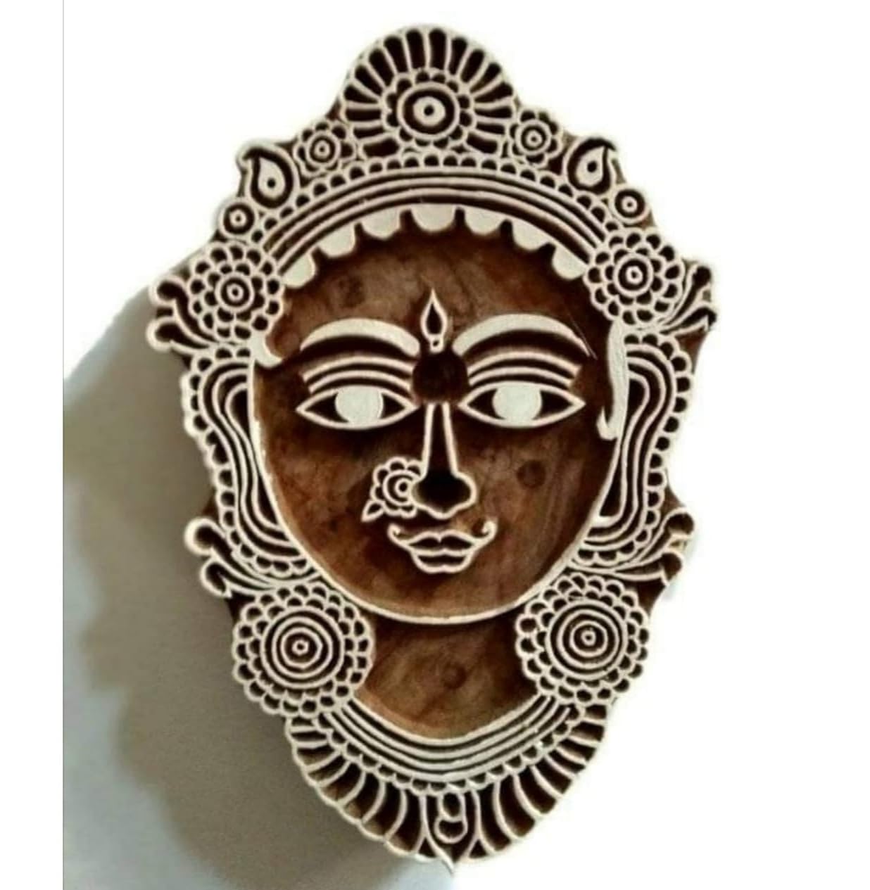 DL Craft Devi face Wooden Printing Blocks Hand Carving Stamps use for Printing Saree, Kurti, Dupatta & Printing Design [ Size - 6 inch ] on shisham Wood