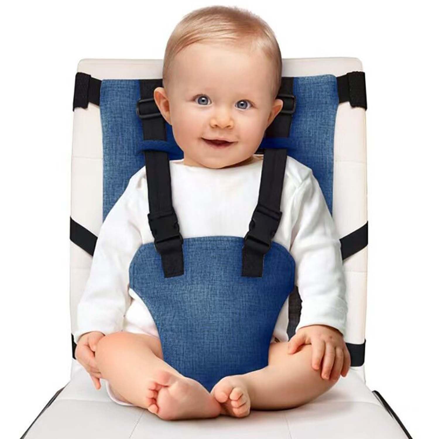 Travel Harness Seat Baby Portable High Chair for Travel Baby Seat with Safety Harness Parent Pouch Must Haves Baby Travel Essential (Blue) — image 1