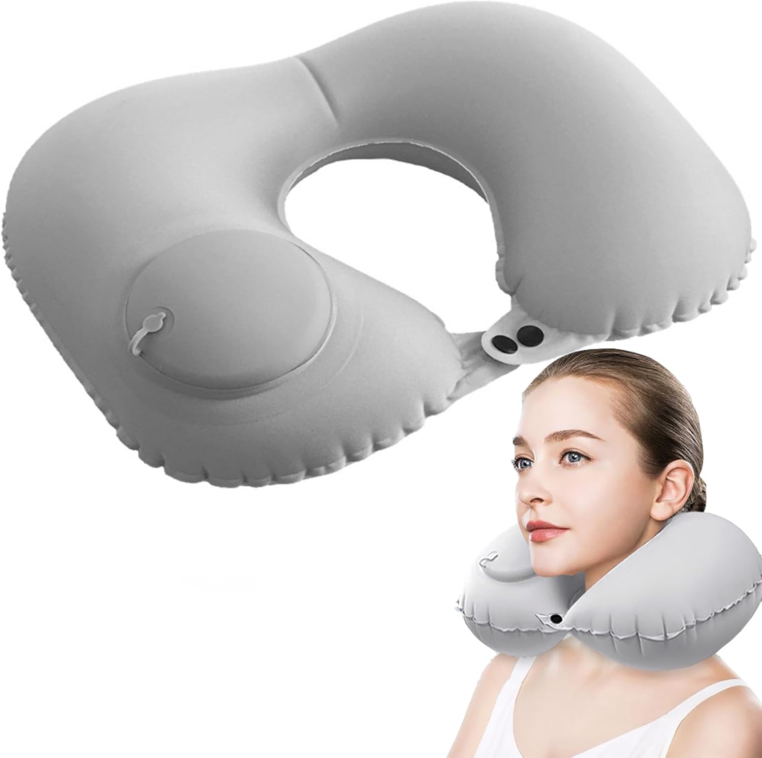 Qinsky Oreiller de voyage gonflable, oreiller de voyage gonflable en forme de U, oreiller de cou avec pompe de gonflage à pression adaptée pour le repos du sommeil