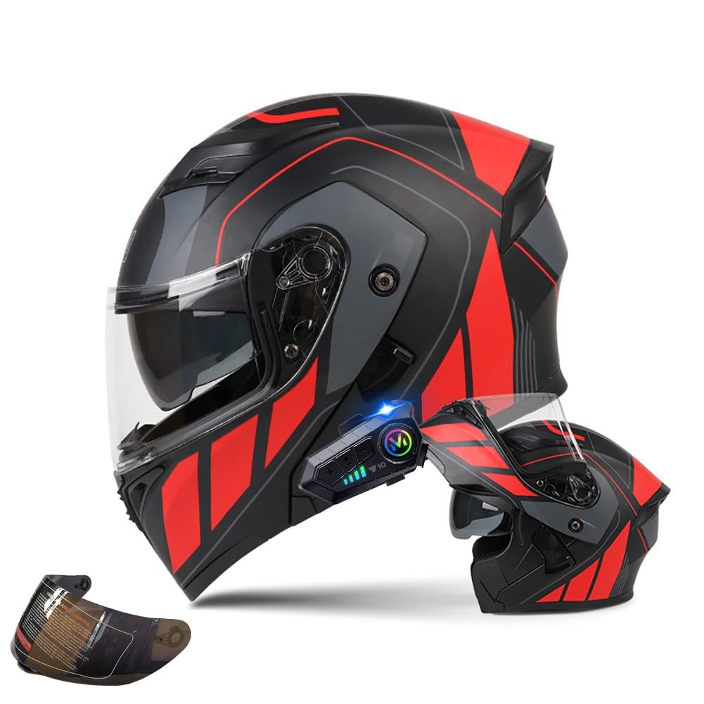 Bdtot Men's H Motorcycle Modular Elmet Wit Bluetoot, Red, Dot/Ece Certified, Motorcycling