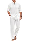 Men's 2 Piece Cotton Sets Casual Long Sleeve Cuban Henley Shirt and Loose Pants Set Beach Vacation Outfits