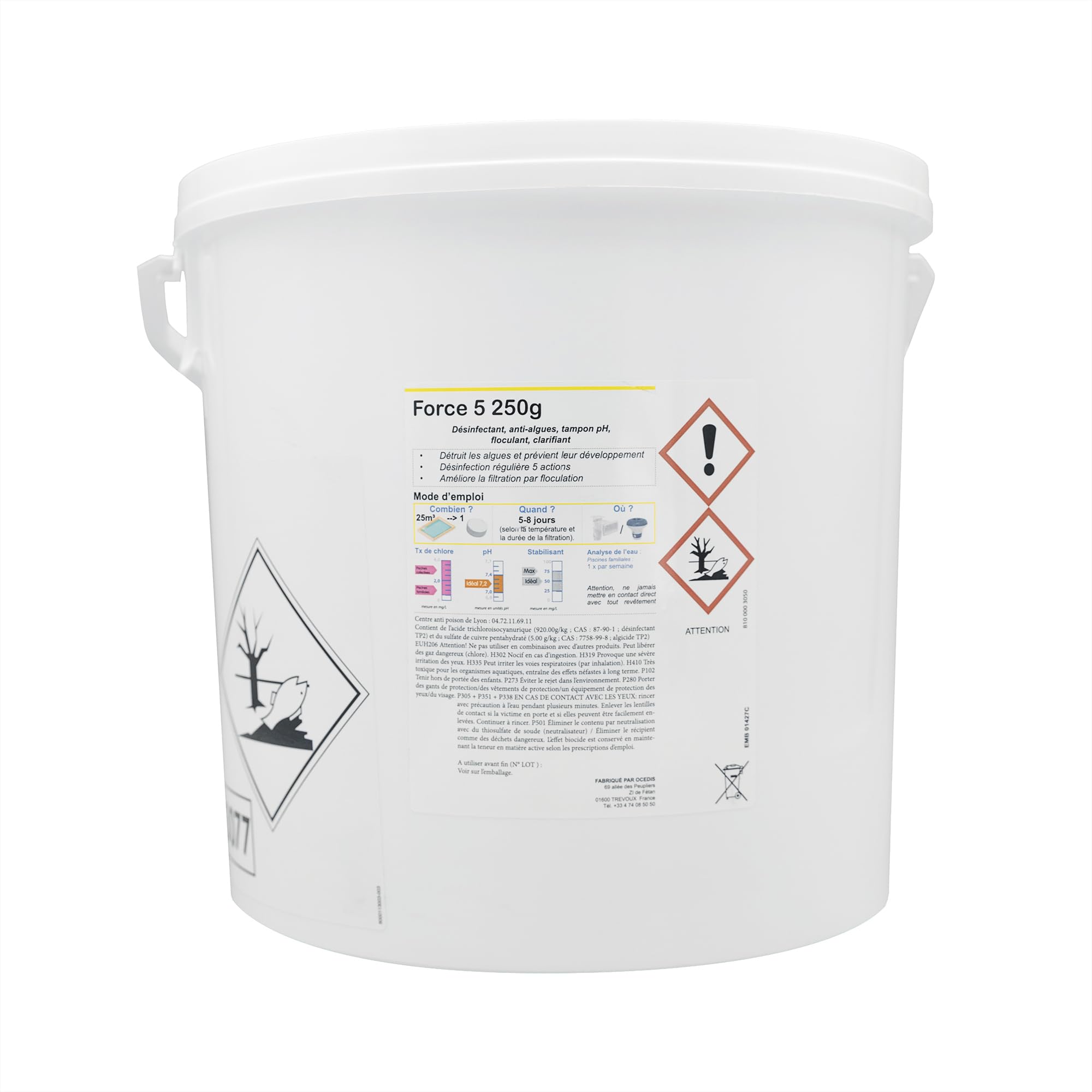 OCEDIS Force 5-250 Multifonctions Galets 250g - 10kg | Chlore Lent Stabilisé Multiaction - Non Comburant - Désinfection Régulière Multifonction - Dissolution Lente + 10 Tests HPS OFFERTS 6 en 1