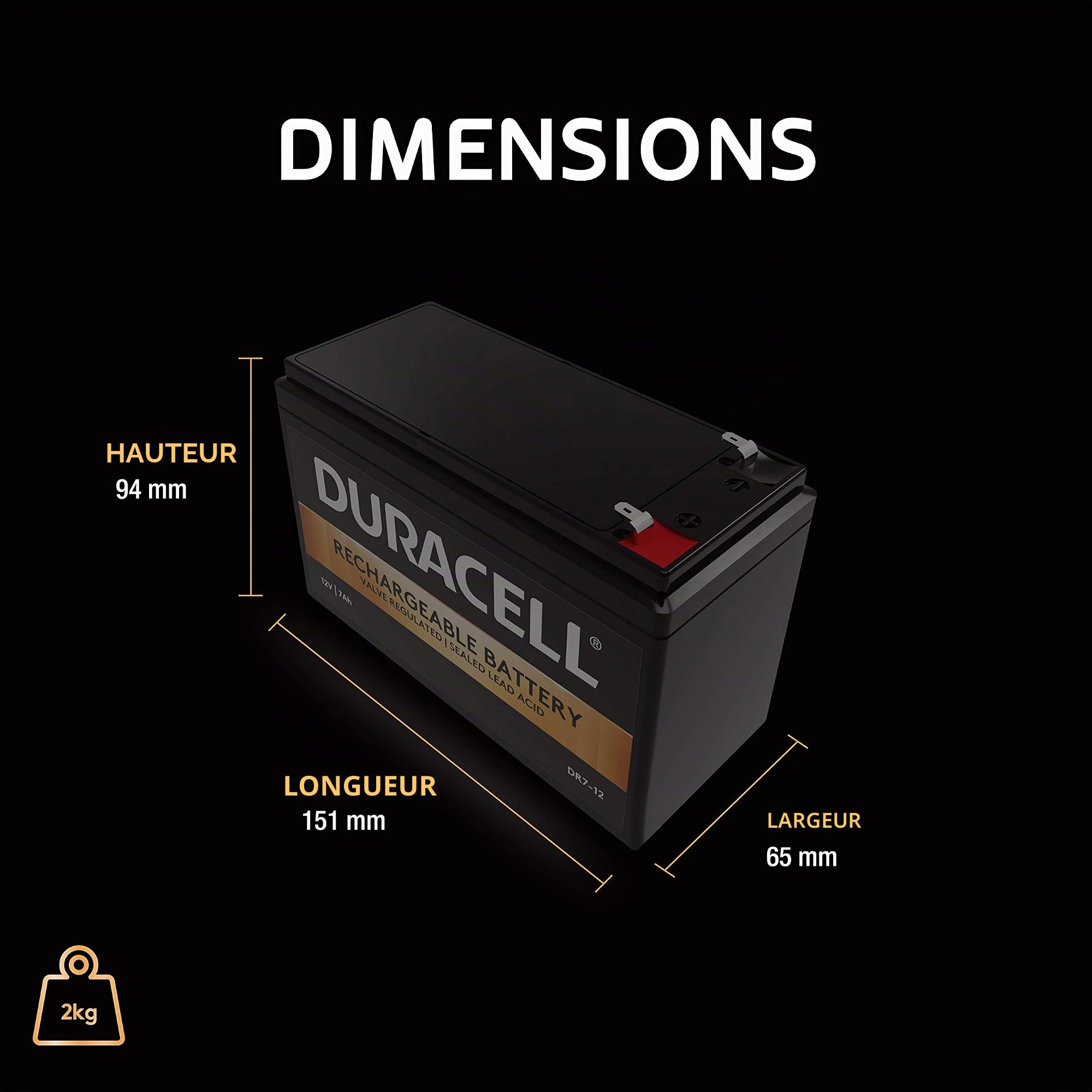 Duracell Batterie Originale DR7-12 au Plomb régulée par Valve – 12 V | 7 Ah – Remplace APC RBC17 | RNC2 | CSB GP1272F2 | Lucas LSLA7-12 | Panasonic LC-R127R2PG | Yuasa NP7-12 | V14242401 Y7-12