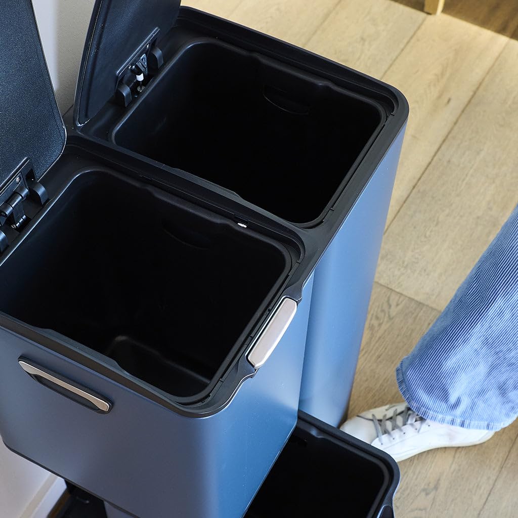 KITCHEN MOVE Poubelle de cuisine à pédale tri sélectif recyclage 60L(13+17+30L) HAJA en acier Inox Gris avec seau