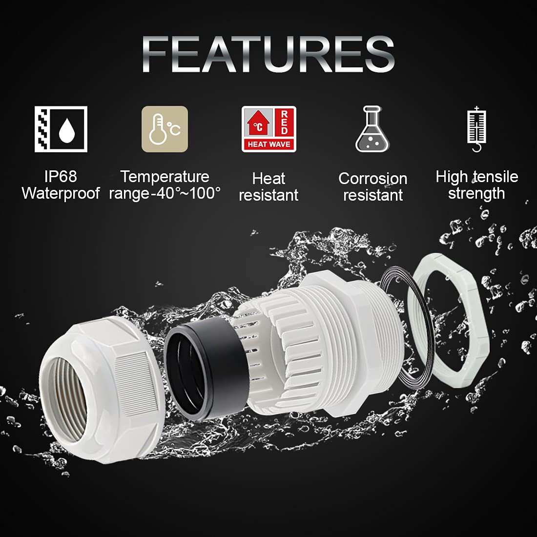 LeMotech Paquete de 50 prensaestopas NPT de 1/2 pulgada, impermeables, ajustables, 6-12 mm, juntas de nailon gris con juntas