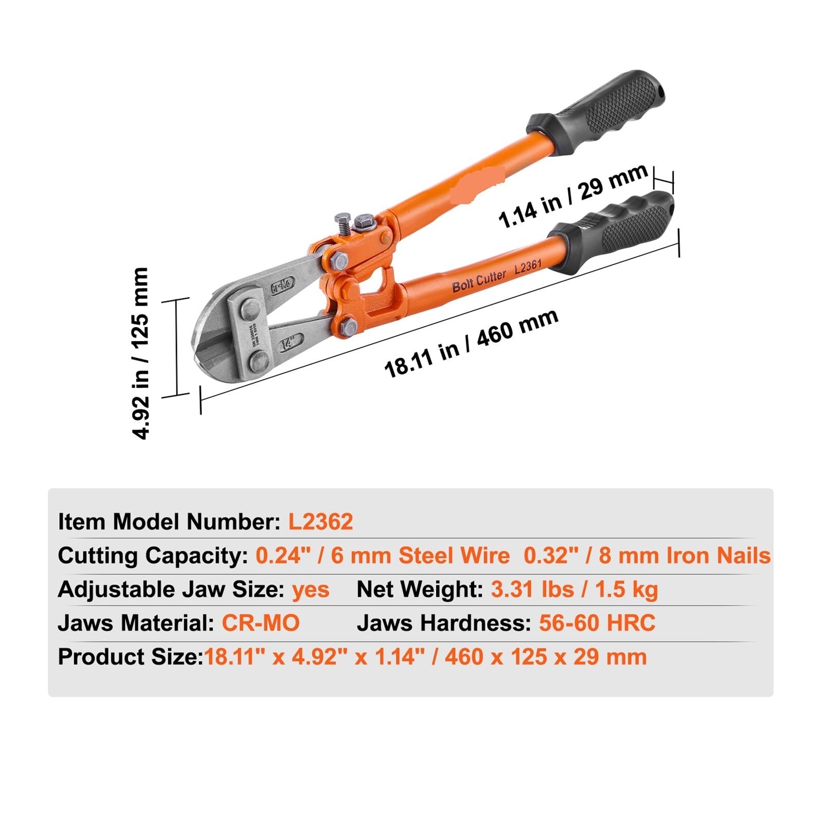Bolt Cutter 8in/14in/18in/24in Lock Cutter Bi-Material Handle With Soft Rubber Grip Chrome Molybdenum Alloy Steel Blade(18in Adjustable)
