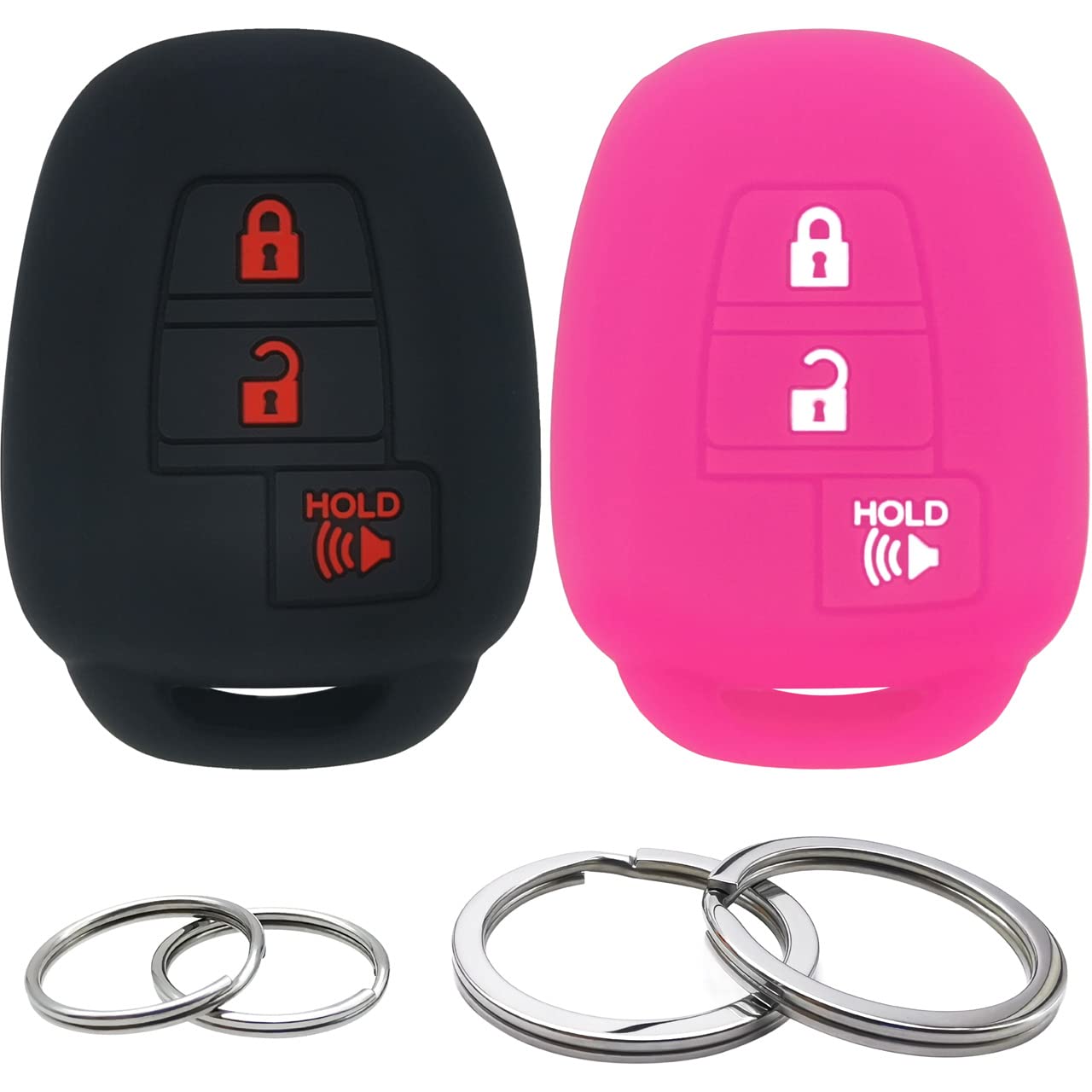 GFDesign 2 Pcs Silicone 3 Buttons Key Fob Cover Remote Case Keyless Protector Compatible with Toyota RAV4 Highlander Sequoia Tacoma Tundra (Black & Hot Pink)