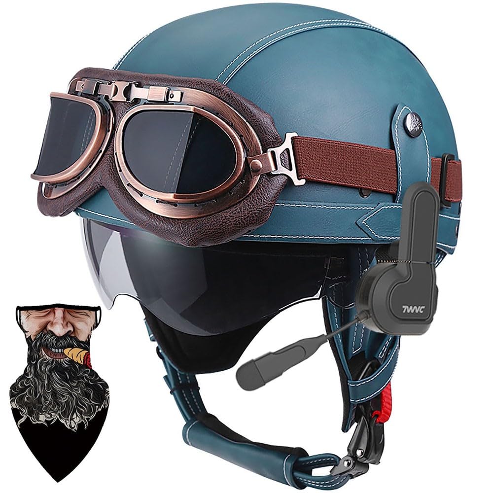 Bluetooth German Style Leather Motorcycle Half Face Helmet, DOT Approved Retro Open Face Helmet with Goggles Street Motorcycle Half Helmet for Cruiser Scooter Touring, Pilot Helmet