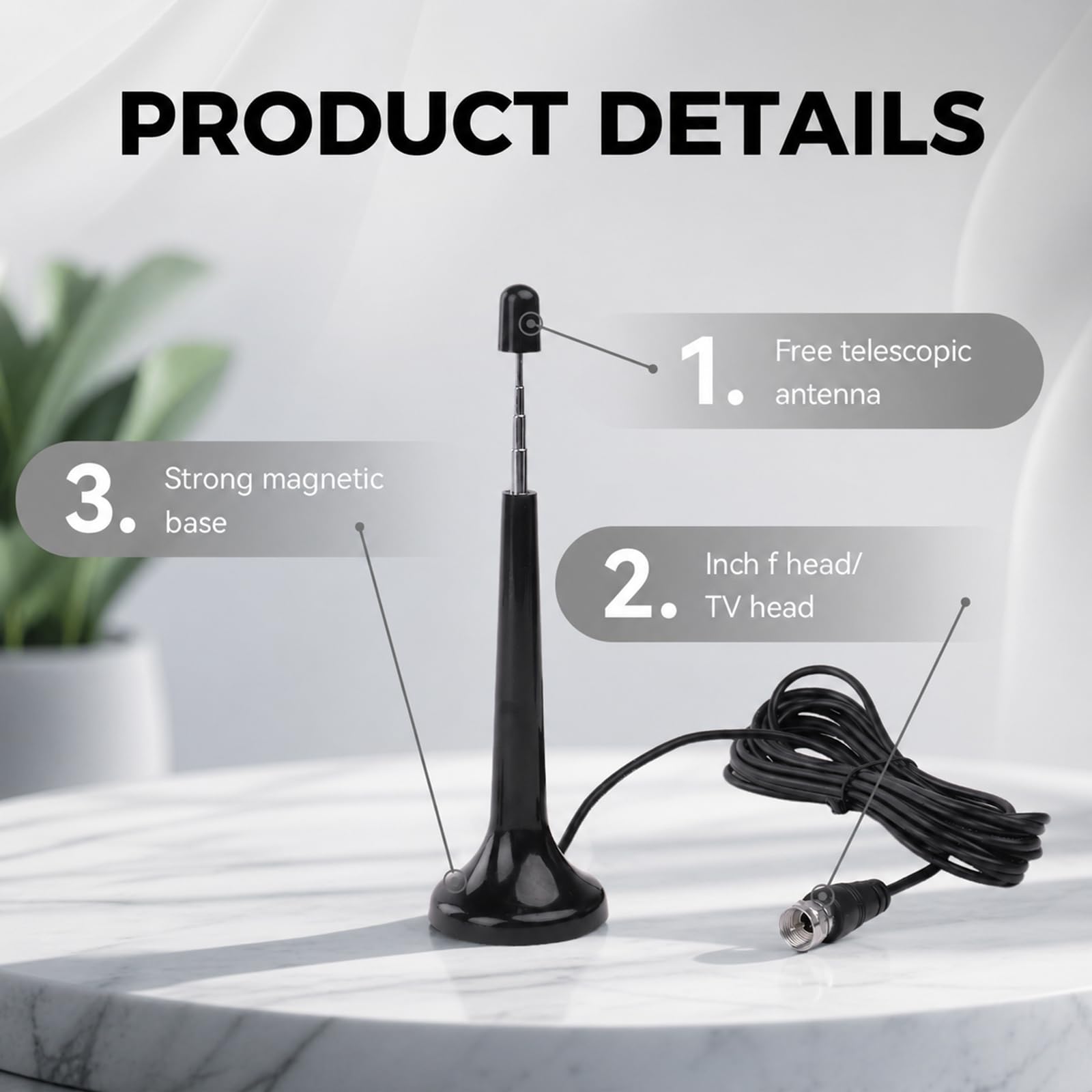 Antenne TV Intérieur Puissante, Antenne Radio FM Dab Intérieur Télescopique avec Base Magnétique, Câble 3m pour Récepteurs Stéréo 75 Ohm Chaine HiFi Tuner FM Poste Radio, Plug and Play