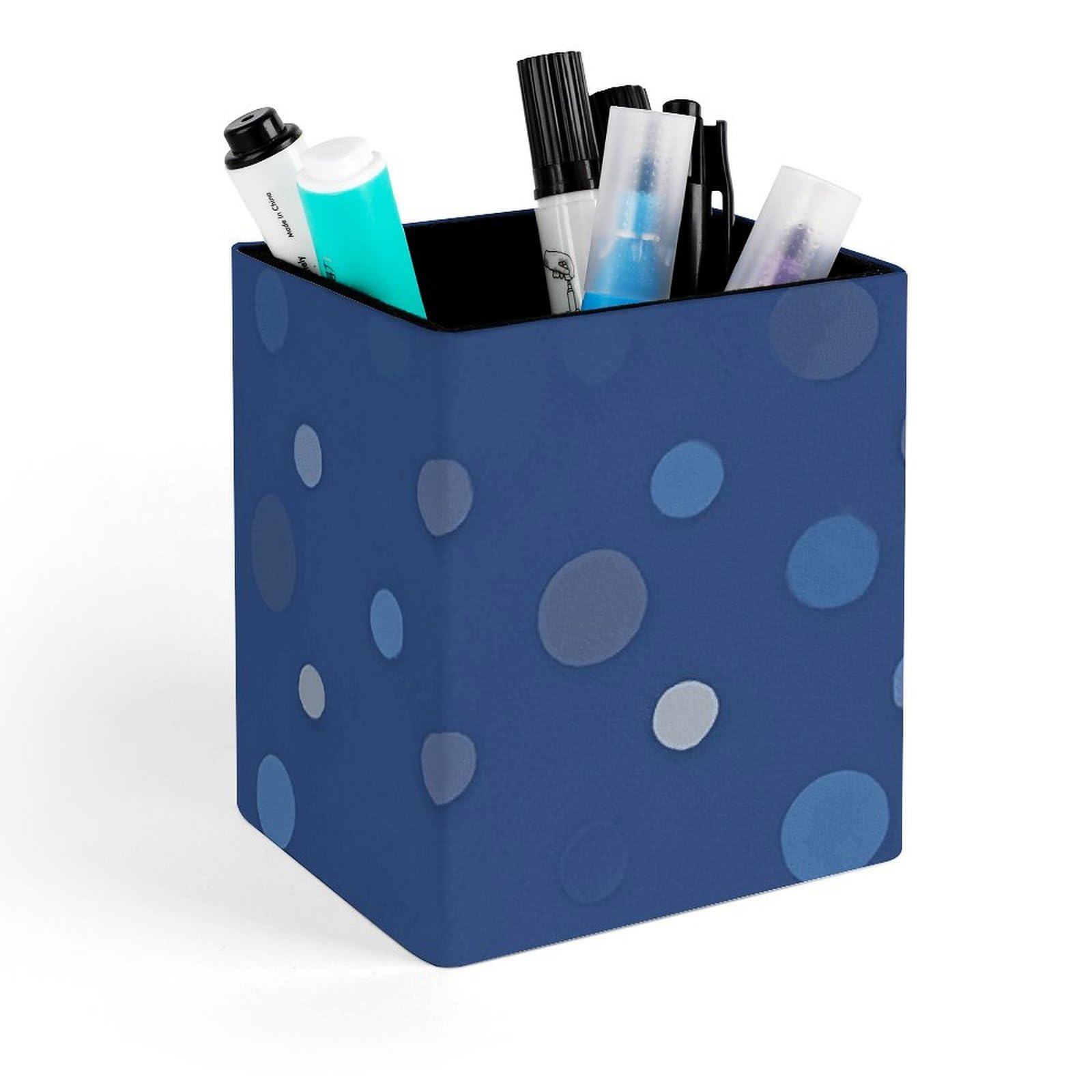 Porte-stylo carré en cuir à pois bleu marine pour embellir votre coin télétravail à la maison