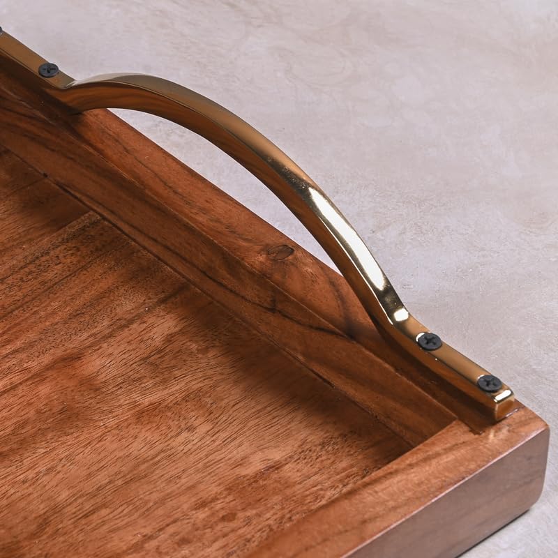 Image of Wooden Serving Tray with Stylish Handles - 15 Inch Rectangular Wooden Tray for Coffee Table, Kitchen, Breakfast & Home Decor | Multipurpose Organizer & Gift (Brass Finished Metal Handle)
