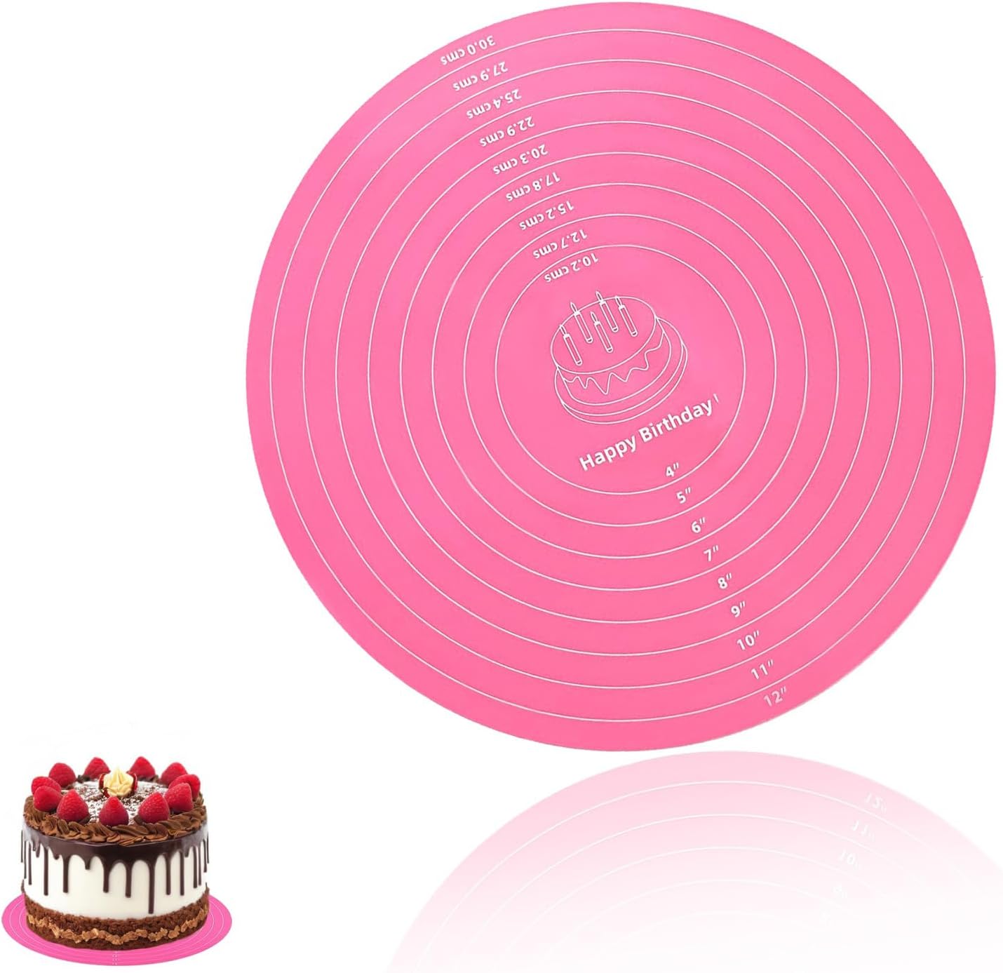 11.8 Inch Round Silicone Cake Mat with Measurements - Reusable Baking Pad for Rolling Dough, Pastry, Cookies, Cake Turntable Mat - Pink