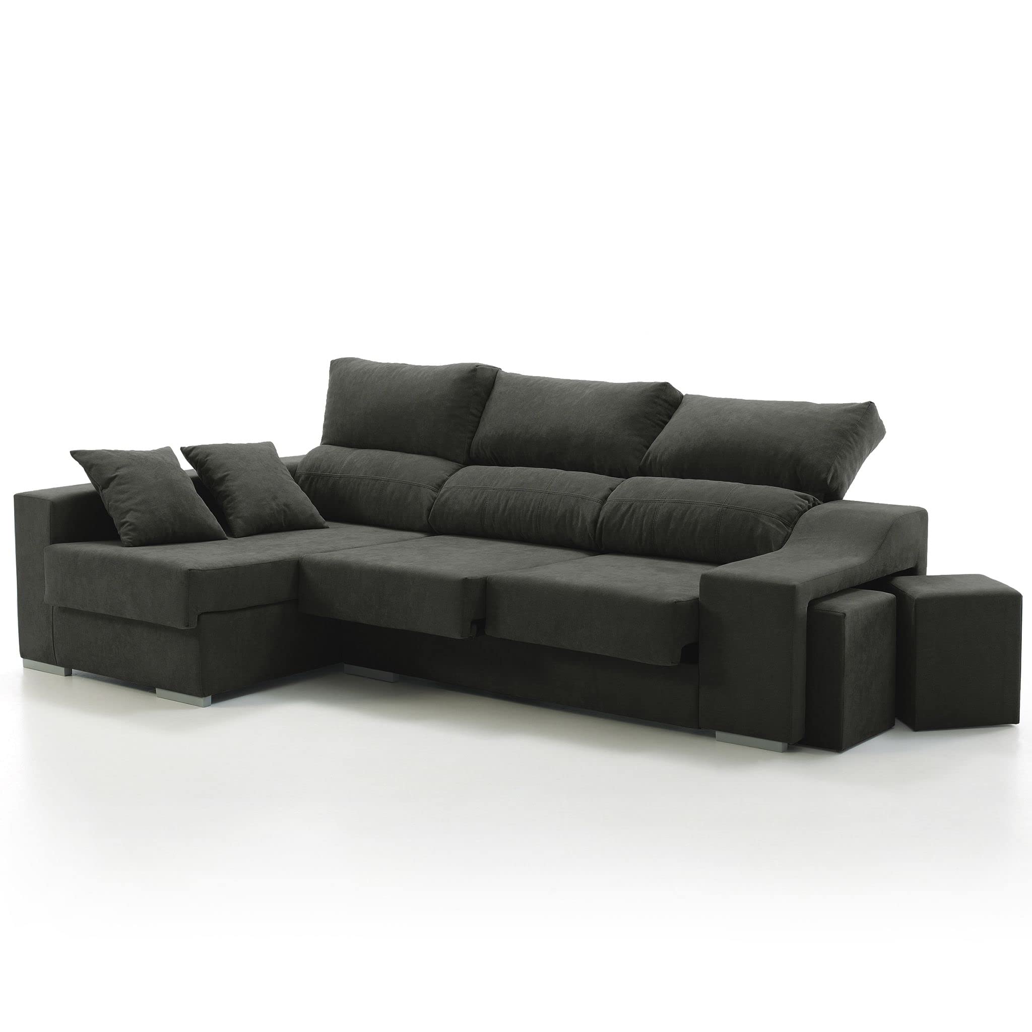 Sofá Chaise Longue Loki Izquierda 4 Plazas Negro Sistema de Limpieza ACUALINE Arcón 2 Puffs Asientos Extensibles Tejido Desenfundable