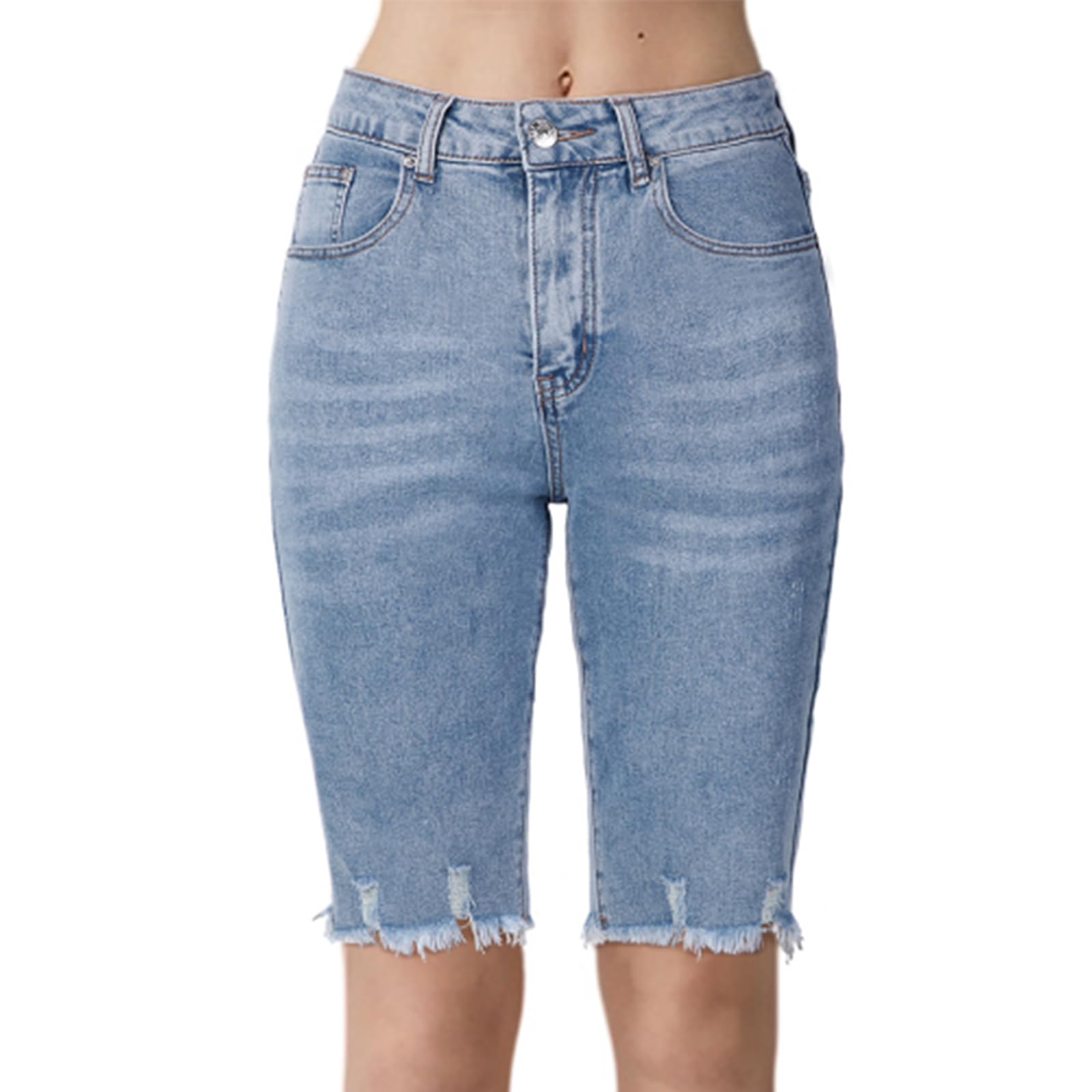 GenleckHigh Waisted Bermuda Jean Shorts for Women - Stretchy Women's Raw Hem Denim Curvy Straight Leg Jean Shorts