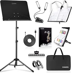 CAHAYA 6 IN 1 Sheet Music Stand with Stand Light Desktop Book Stand with Carrying Bag, Sheet Music Folder &amp; Clip Metal Portable Solid Back for Guitar, Ukulele, Violin Players