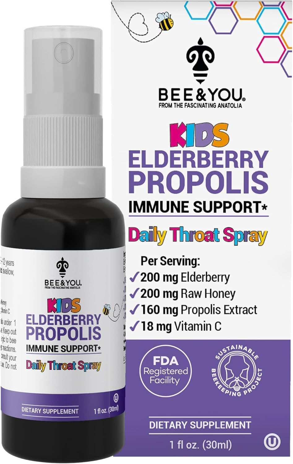Bee and You, Kids Immune Support Supplement Throat Spray, Elderberry, Raw Honey, Propolis Extract, Vitamin C, Strawberry Juice, Antioxidants, Sore Throat Relief, 1 fl. Oz