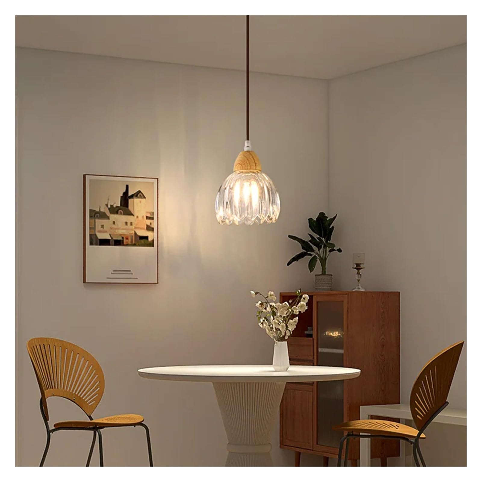 Generico Lampadario, Lampada a sospensione moderna in vetro trasparente con lampada in legno for sala da pranzo, comodino, corridoio, lampadina E27 regolabile(Warm)
