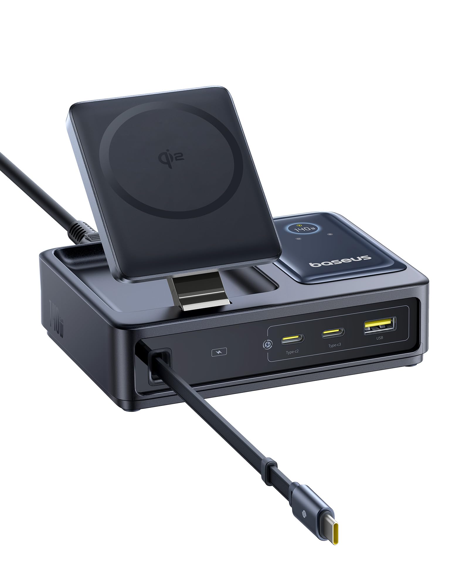 Baseus NOMOS 5 in 1 Stazione di Ricarica, 140W Caricatore con MagSafe Qi2.0(15W), Cavo Retrattile Tipo C, 2 USB-C, 1 USB-A, Display Digitale, per iPhone/MacBook/Samsung