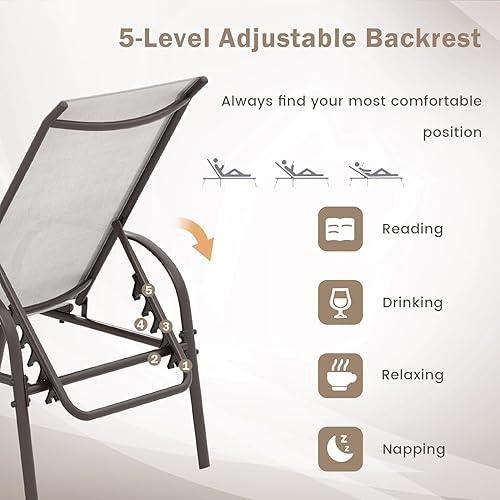 Miniatura 9 de Giantex Silla de patio, tumbona para exteriores con 5 respaldos ajustables, marco de acero resistente, sillón reclinable para tomar el sol, silla de