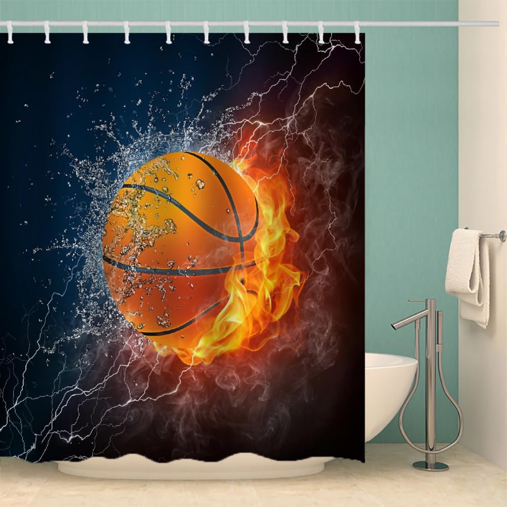 RFFLUX 3D Basketball Duschvorhang Anti Schimmel 180x200 cm mit 12 Ringe Polyester Basketball Duschvorhänge Anti-Bakteriell Waschbar Wasserdicht Badvorhänge für Badezimmer（Stil 21-12）