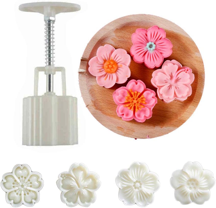 Moon Cake Mold Set 4pcs 50g Cookie Stamps, Cherry Blossom Floral Mid Autumn Festival DIY Hand Press Cookie Dessert Cutter Pastry Decoration Tool Mooncake Maker