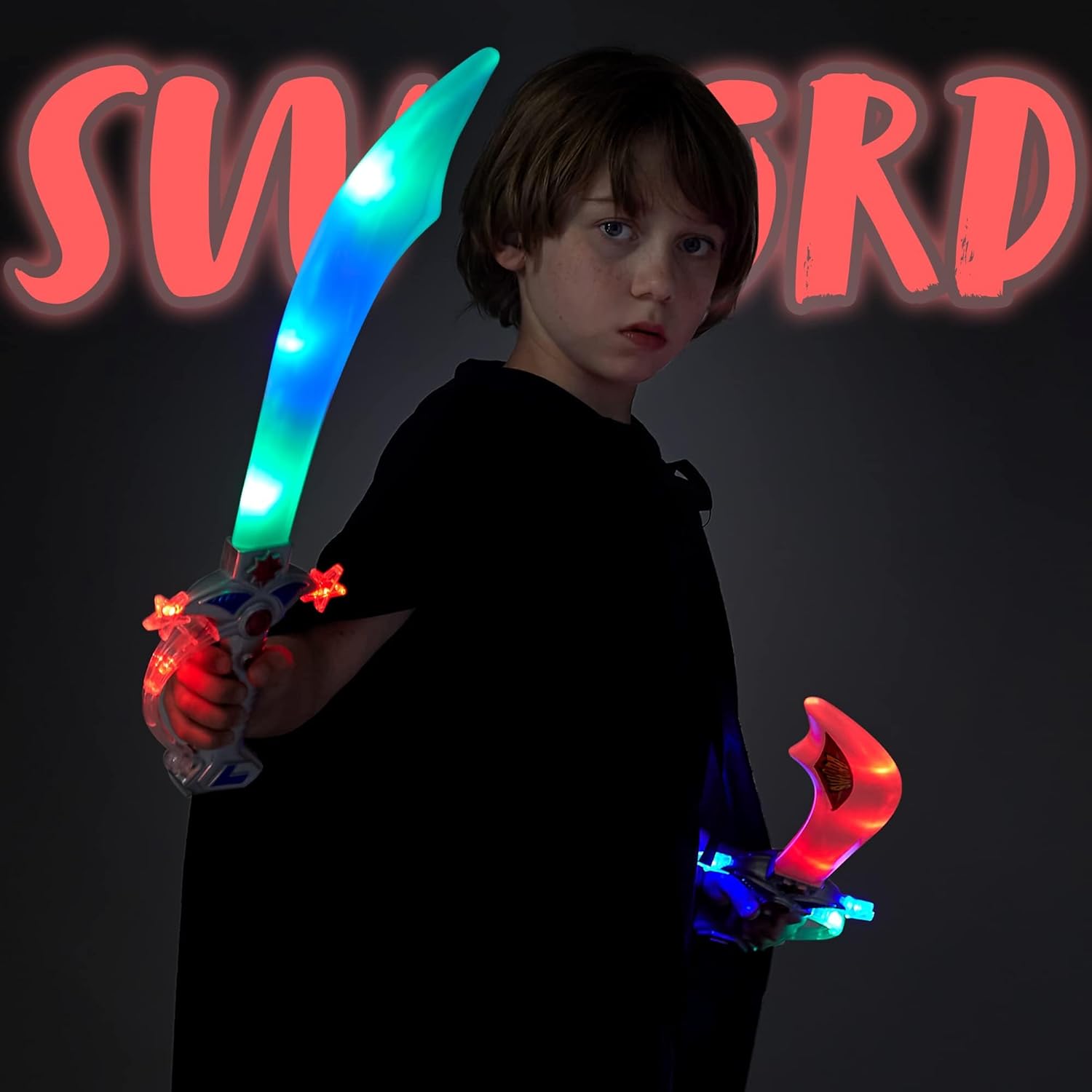 JOYIN 2 Deluxe Pirate 19.5" LED Light Up Flashing Buccaneer Swords with Motion Activated Clanging Sounds for Realistic Play, Halloween Party, by Spooktacular Creations