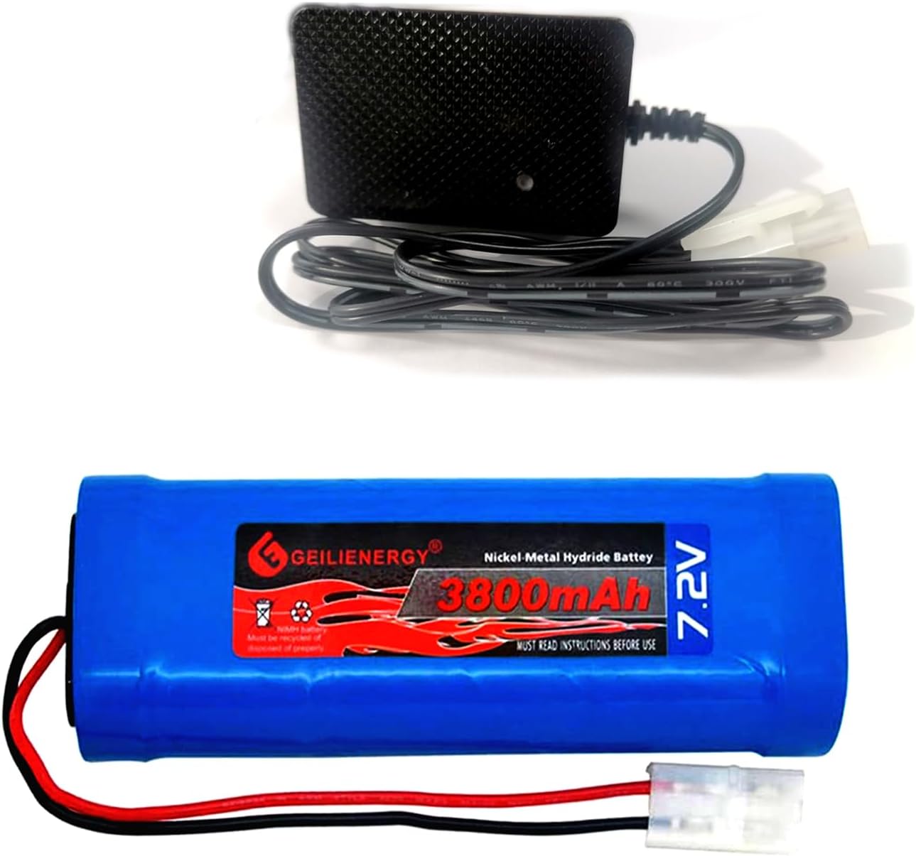7.2V 3800mAh High Capacity 6-Cell NiMH Flat Battery Pack, Replacement Hobby Battery for RC Car, RC Truck, RC Boat with Standard Tamiya Connector (1Pack) + 8.6V Output Adapter(1Pack)