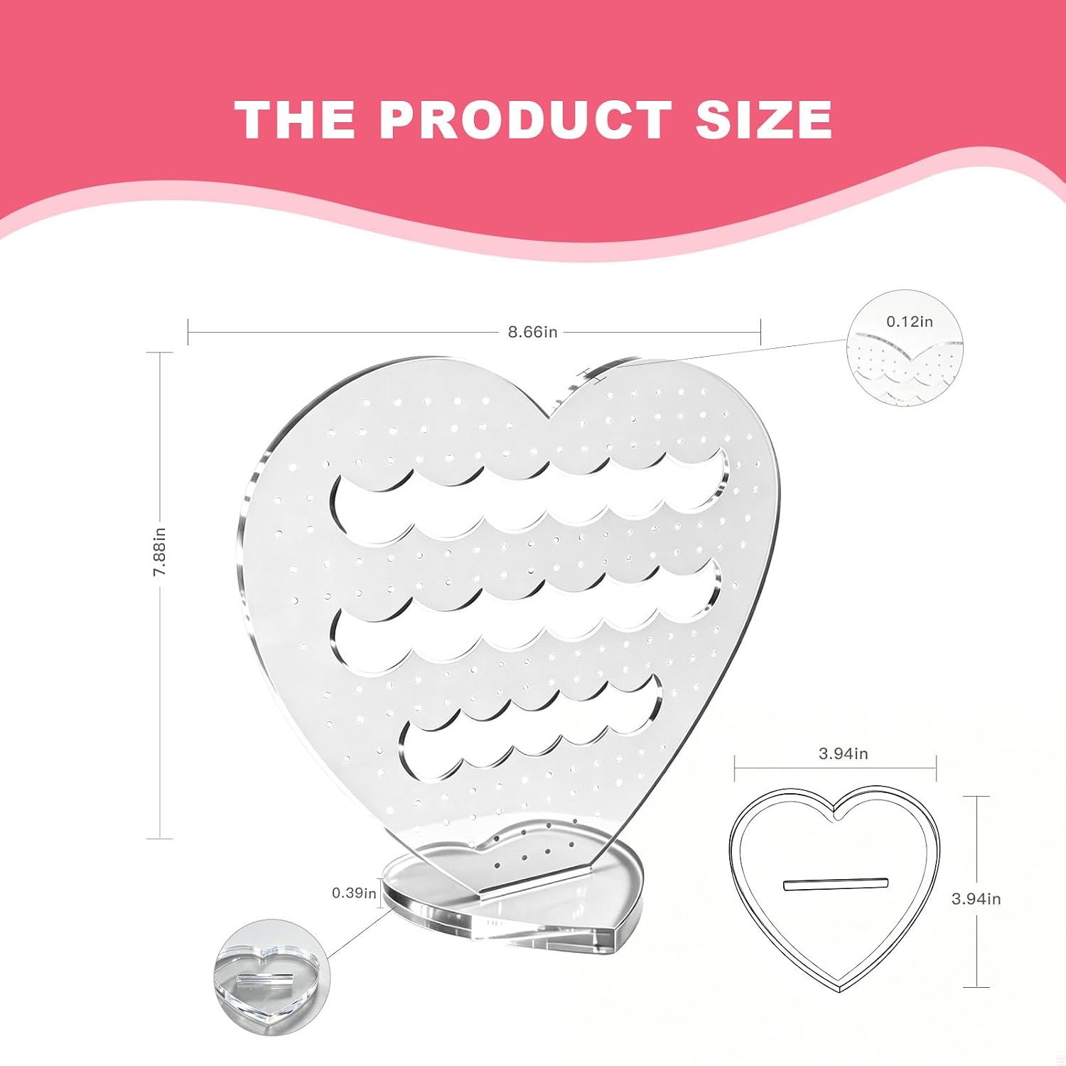 Heart-Shaped Acrylic Earring Holder – 156 Holes, Holds 78 Pairs (Studs, Dangles & Hoops), Large Display for Vanity, Present for Women & Girls (Heart shaped thickened base) image 2