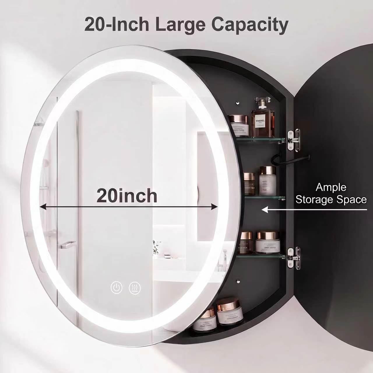 20 Inch Round LED Medicine Cabinet with Mirror and Defogger, Black Wall Mounted Bathroom Mirror Cabinet with Storage Shelves and Touch Control