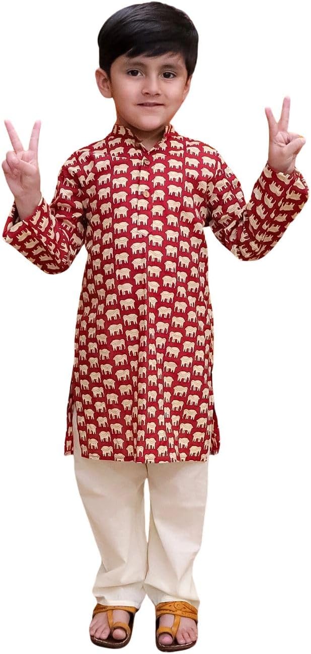BownBee Pure Cotton Full Sleeve Hathi Print Kurta Pajama for Boys