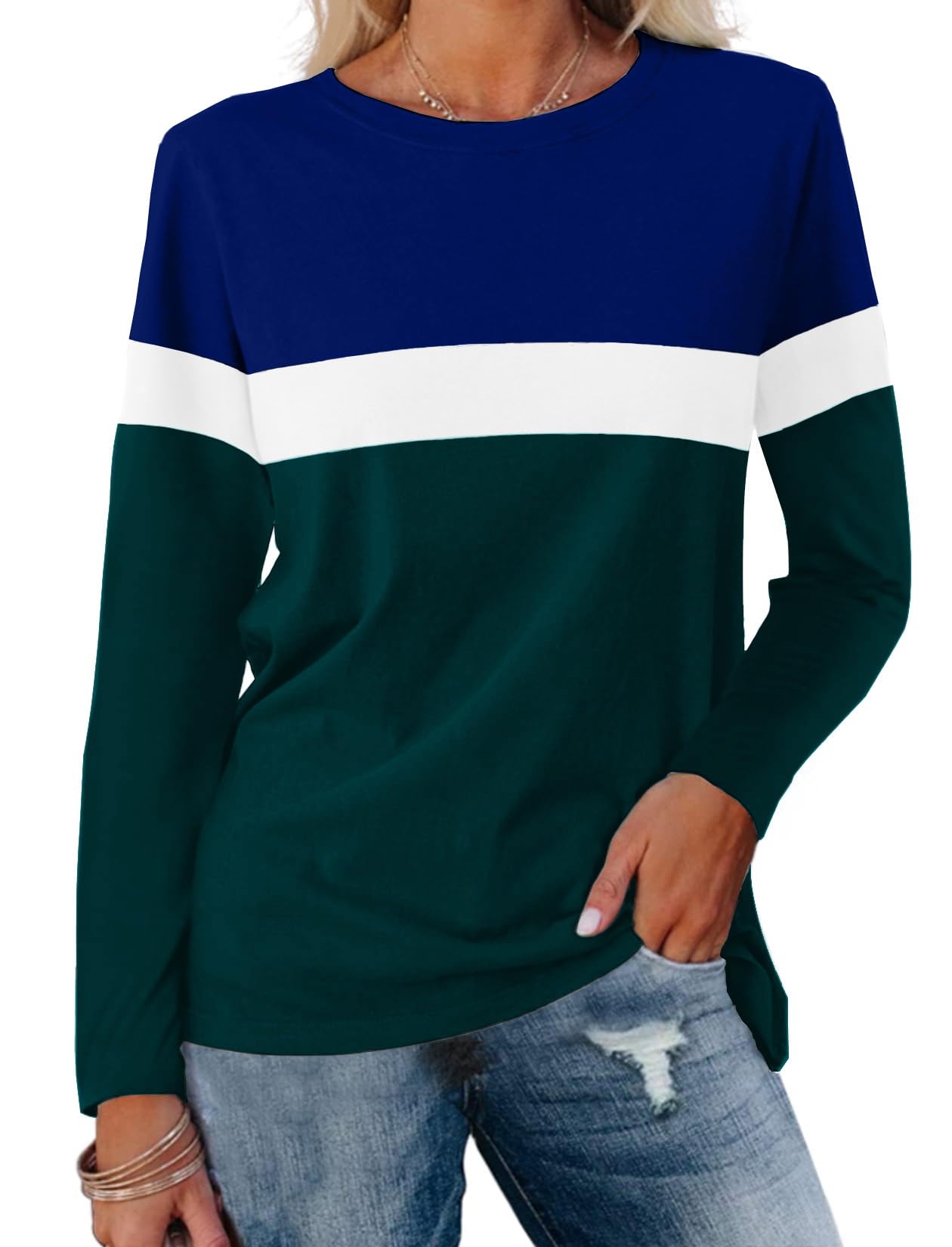 Women's Color Block Tunics Tops Crewneck Long Sleeve Shirts Casual Pullover Loose Fit T-Shirt