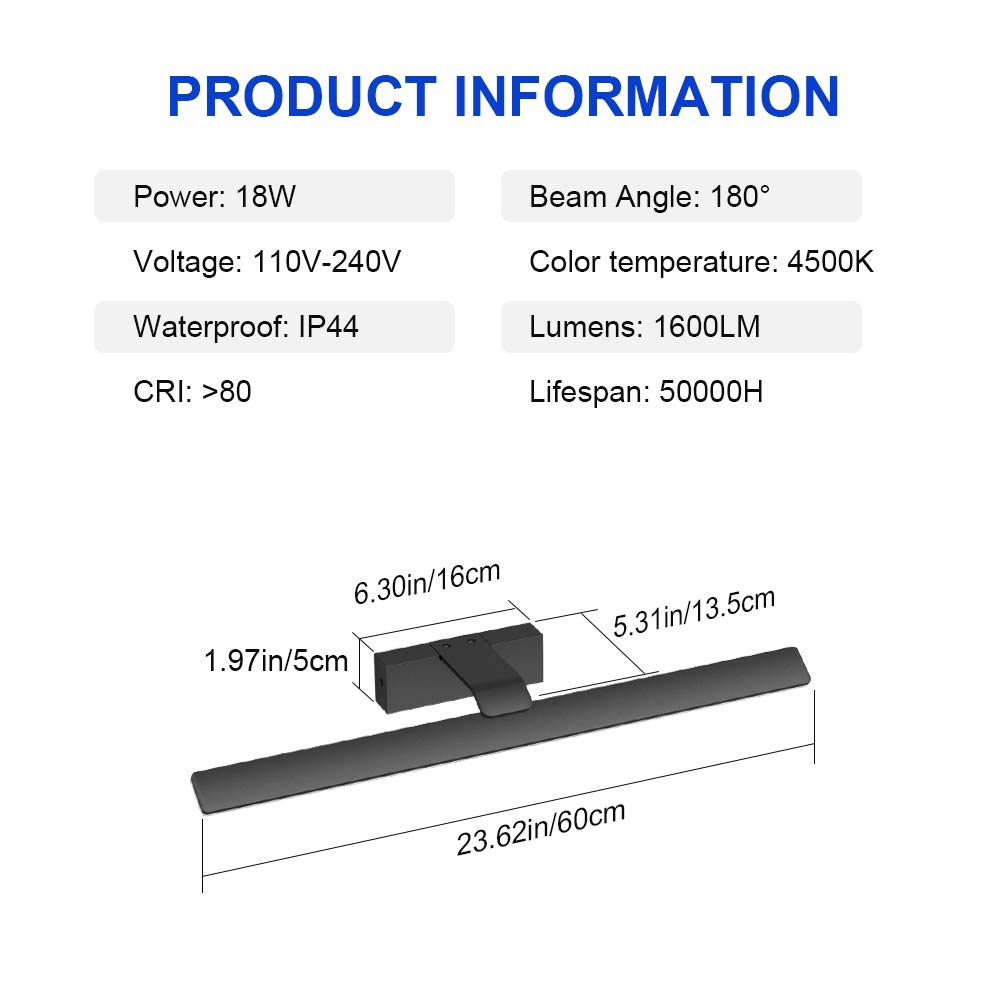 Klighten Luce Specchio Bagno Led 60cm, 18W 1600 Lumen, Impermeabile IP44 Lampada da Specchio Bagno, Applique Bagno Specchio Moderno, Bianco Naturale 4500K, Nero