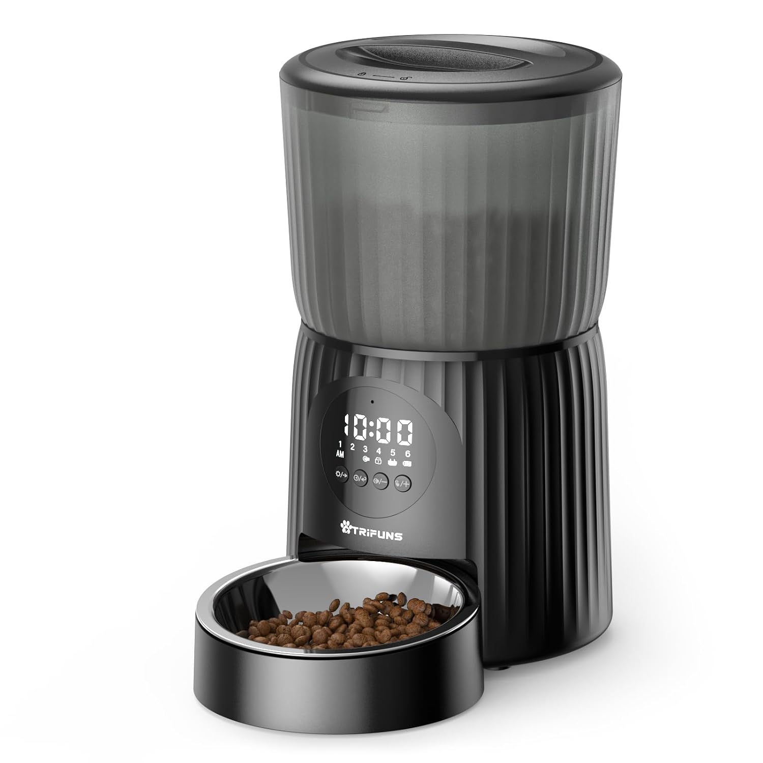 Trifuns P01 4L Automatic Pet Feeder with food bowl and control panel displaying 10:00 AM