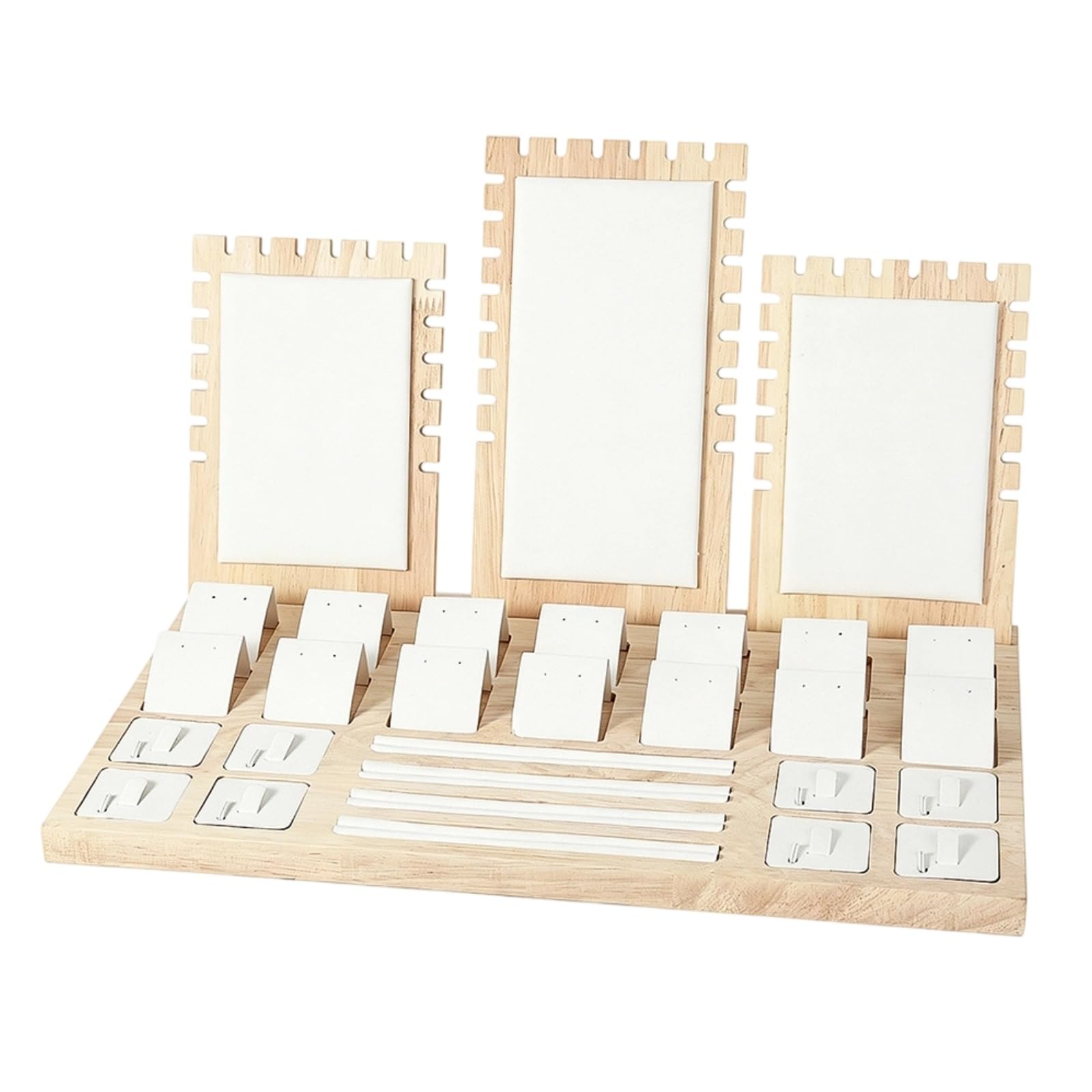 Présentoir bijoux bois blanc avec base rectangulaire et panneaux de rangement pour vitrine