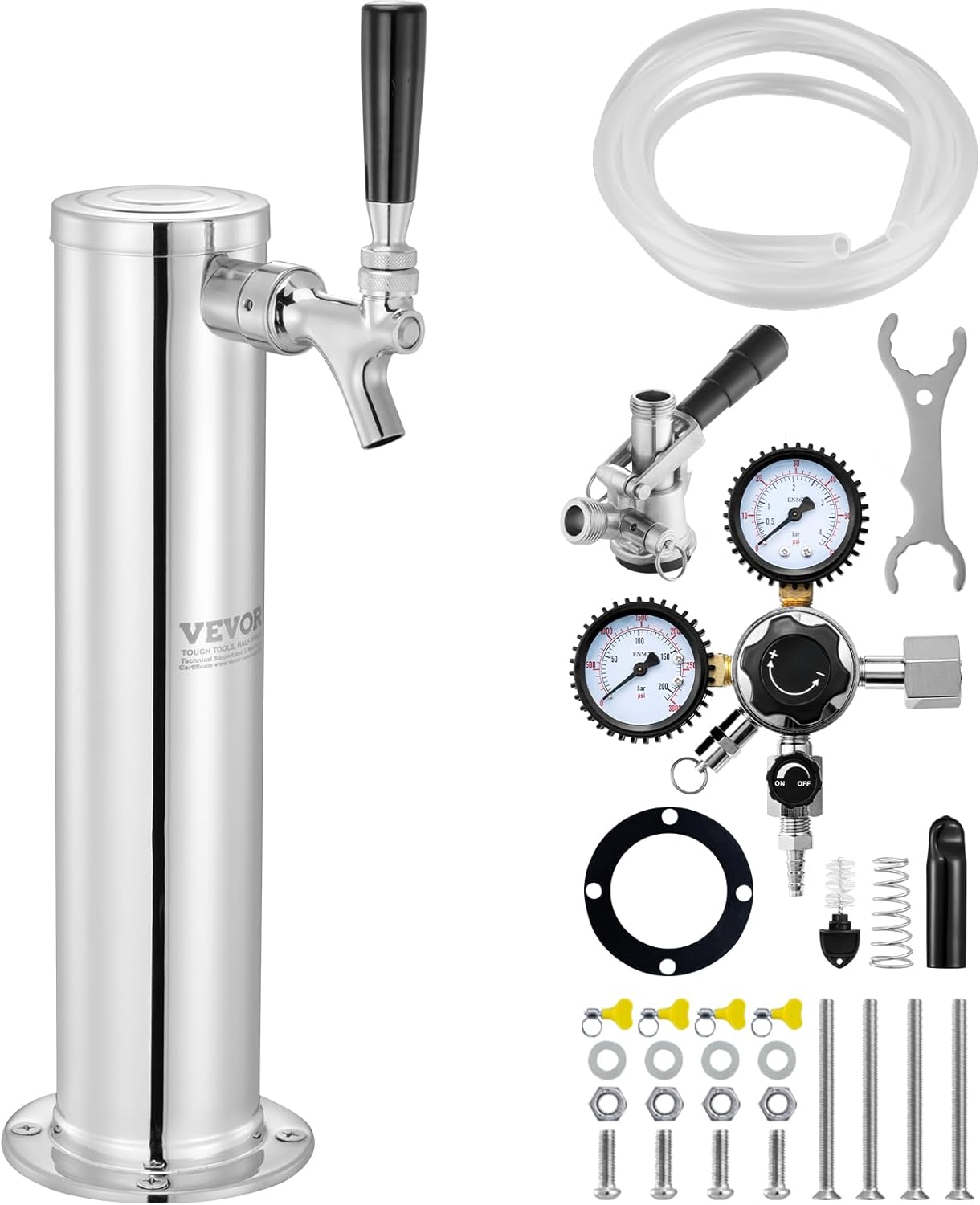 VEVOR Kegerator Tower Kit, Single Tap Beer Conversion Kit, Stainless Steel Keg Beer Tower Dispenser with Dual Gauge CGA320 Regulator & D-System Keg Coupler, Self-Closing Spring for Party Bar Home