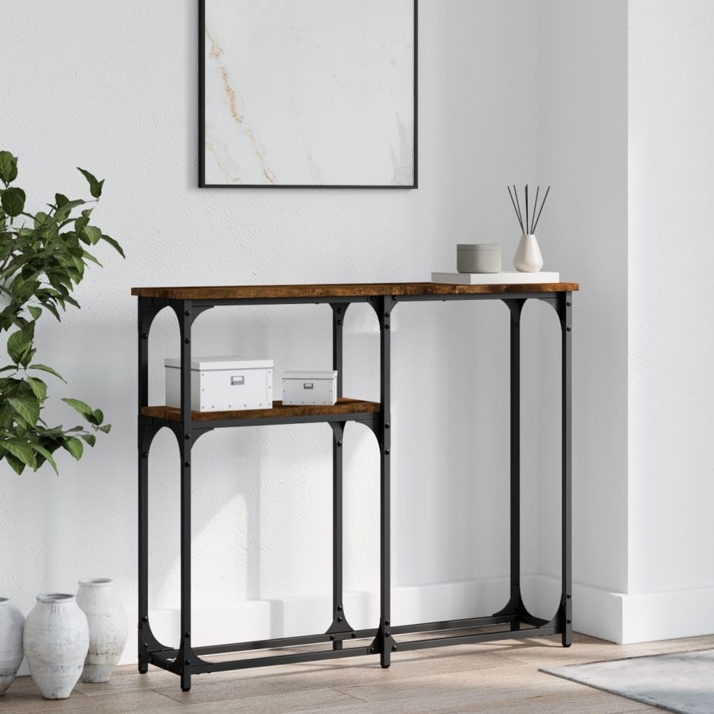SXZenSpace Console Table Smoked Oak 90 x 22.5 75 cm Engineered Wood & Metal Frame Slim Hallway with Adjustable Feet for Living Room Bedroom Entryway