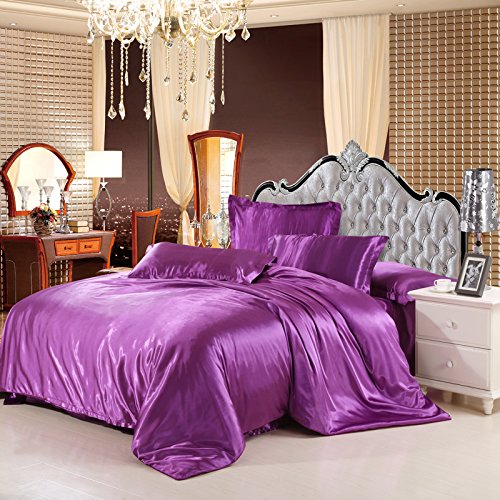 Housse de couette 220x240 satin violet avec drap et taie pour lit chic