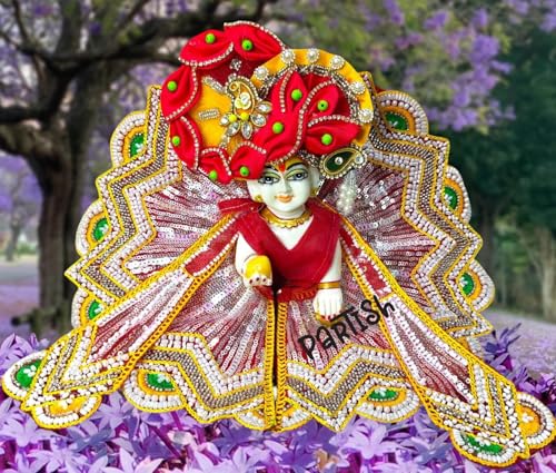 Image of Partish Laddu Gopal Heavy Dress for Janmashtmi with Mukut and Patka l Ladoo Gopal Dress l Bal Gopal l Kanha Ji Thakur Ji Heavy Dress (Size 2, Red)
