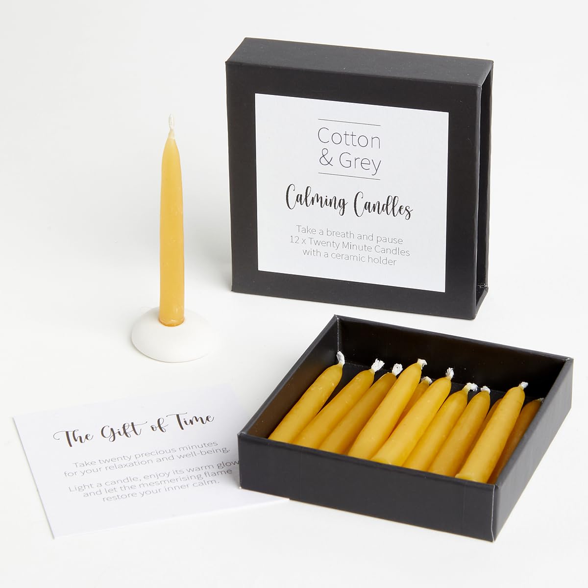 Cotton & Grey Natural Calming Candles By - 12 Pure Beeswax Twenty Minute Candles With Ceramic Holder