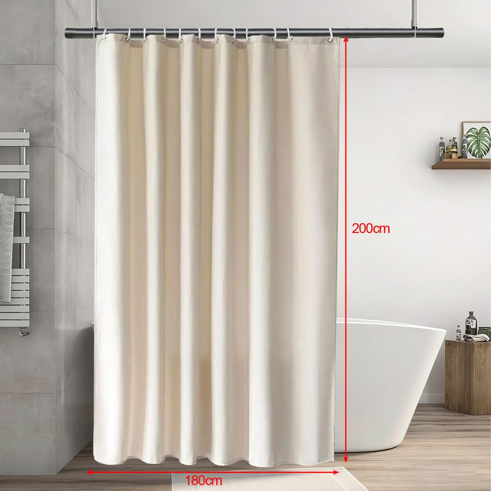 Tenda da doccia in lino 180x200 cm Beige chiaro, lavabile in lavatrice, tenda da bagno in tessuto lavabile antimuffa con 12 anelli